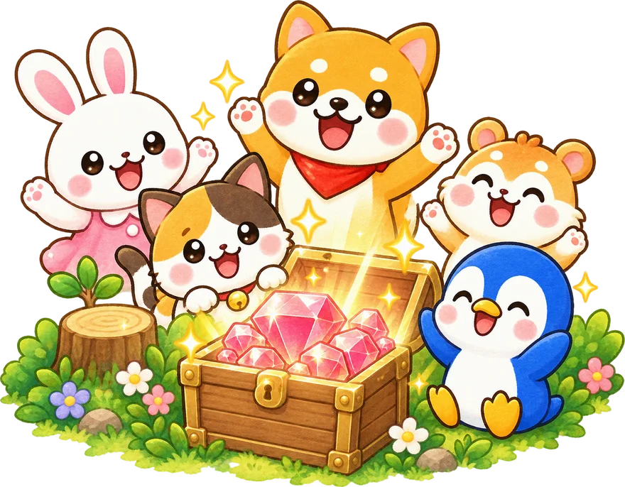 宝箱を囲んでよろこぶどうぶつたち